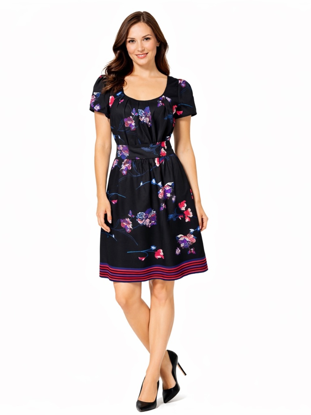 Jacob Black Floral Scoop-Neck Mini Dress with Pink & Blue Flowers